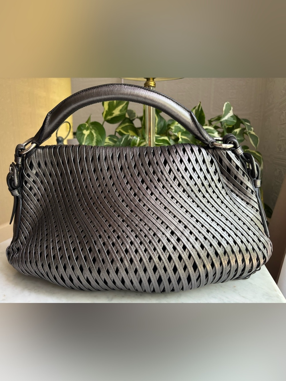 Jil Sander Metallic Silver Woven Top-Handle Satchel - Picture 2 of 13